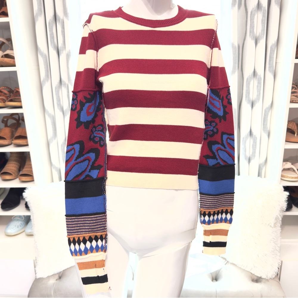 We The Free Striped Red and Cream Crewneck Sweater with Patterned Sleeves